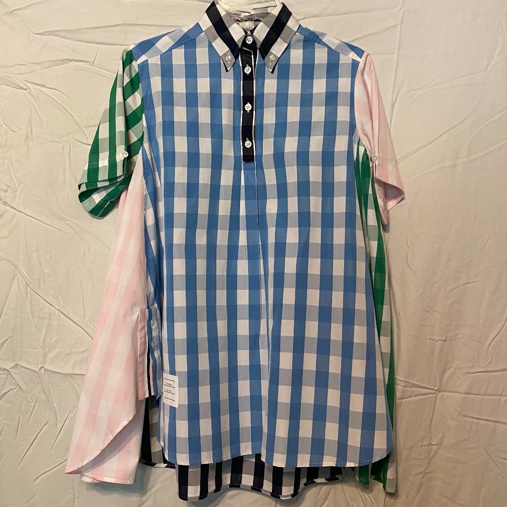 Thom Browne color block plaid button up shirt